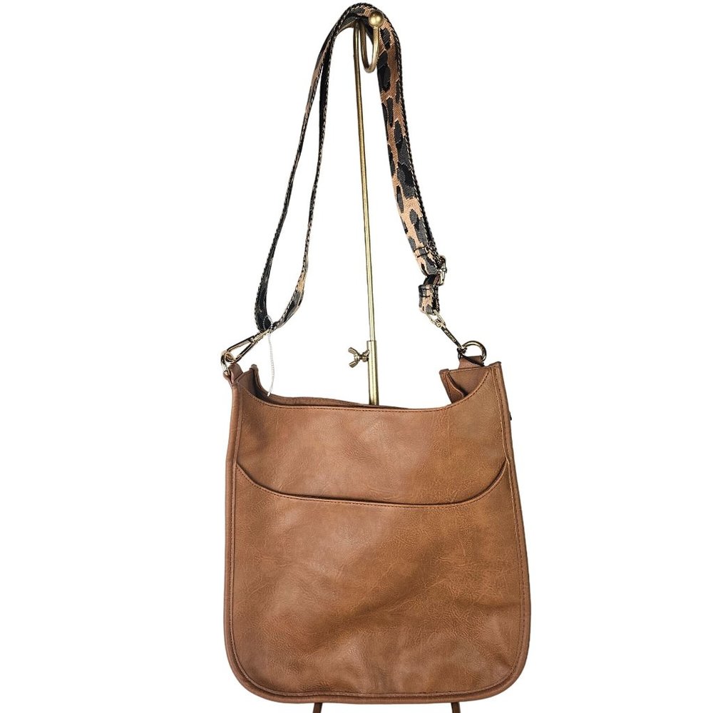 ah.dorned Camel Color Vegan Leather Open Body Crossbody Messenger w/ Camo Strap